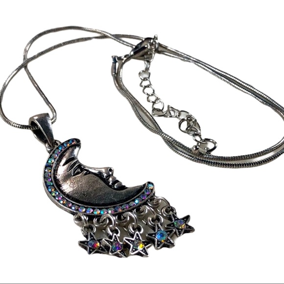 Beautiful moon with multicolored stones & dangly stars necklace on silver chain - Picture 3 of 12